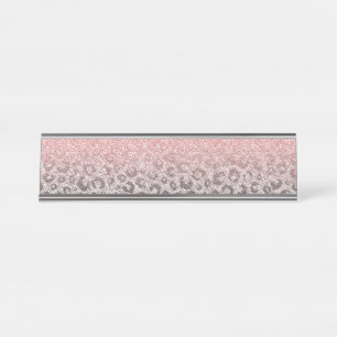 Porte-nom Pour Bureau Elegant Rose Gold & Silver Glitter Leopard Print