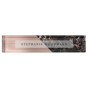 Porte-nom Pour Bureau Élégant Rose or brossé Métal Noir Marbre