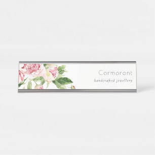 Porte-nom Pour Bureau Elégant rose rose vert Aquarelle Peony Floral