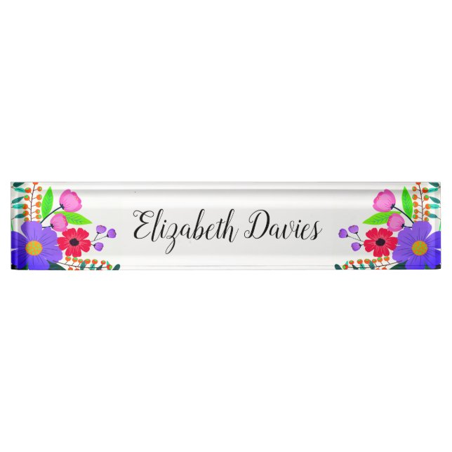 Porte-nom Pour Bureau Élégant rose rouge violet Fleurs (Devant)