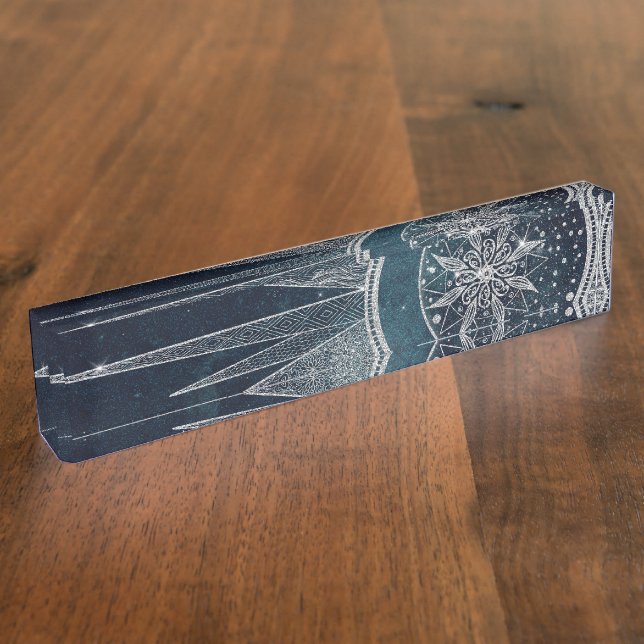 Porte-nom Pour Bureau Elégant Silver Sun Moon Doodle Mandala Blue Design (Taille)