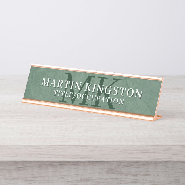 Porte-nom Pour Bureau Elegant Stone Texture Dark Green Monogram Name (Devant)