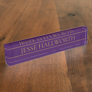 Porte-nom Pour Bureau Élégant texte personnalisable Gold & Deep Purple