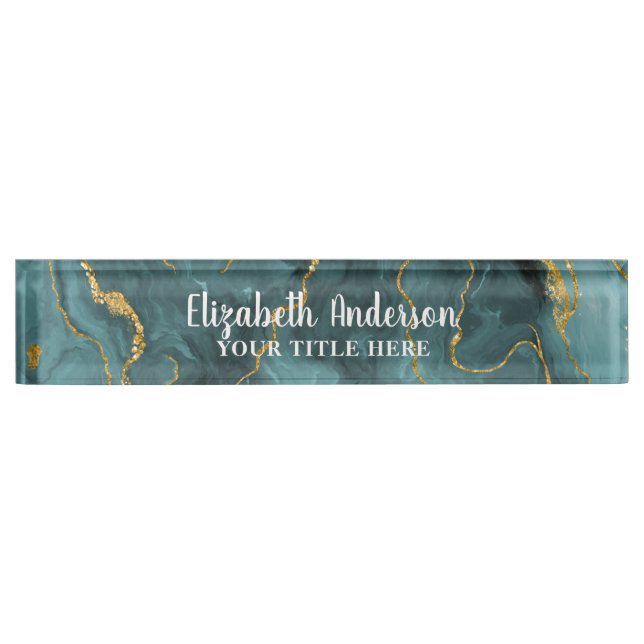 Porte-nom Pour Bureau Élégant Turquoise Bleu Agate Géode Chic Monogramme (Devant)