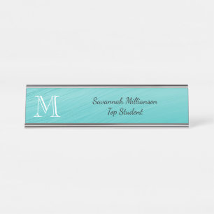 Porte-nom Pour Bureau Élégant Turquoise Faux Metal Étudiant Monogramm