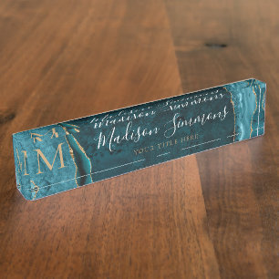 Porte-nom Pour Bureau Élégant Turquoise Vert Or Agate Géode Monogramme