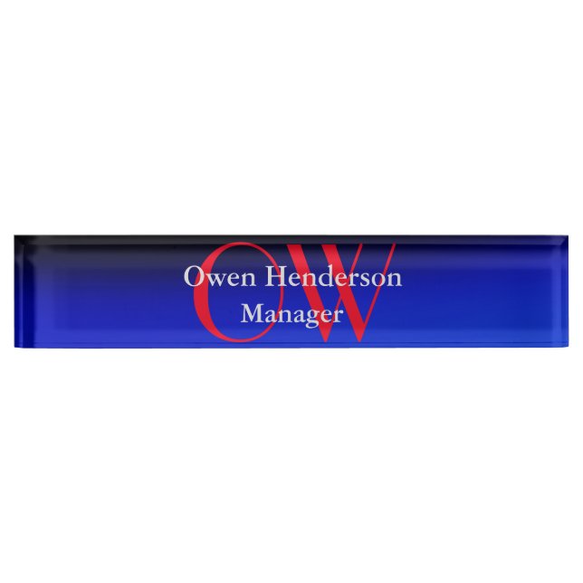 Porte-nom Pour Bureau Élégant Unique Bleu Rouge Gras Texte Monogramme (Devant)