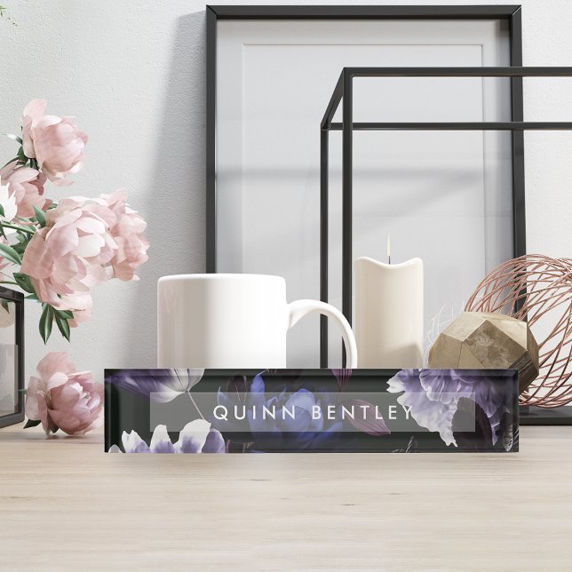 Porte-nom Pour Bureau Élégant violet foncé floral (Créateur téléchargé)
