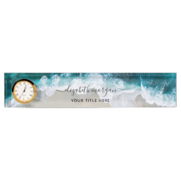Porte-nom Pour Bureau Elégante Aqua Blue Green Script Nom Horloge