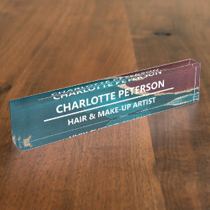 Porte-nom Pour Bureau Elégante Aquarelle en marbre Turquoise bleu et or