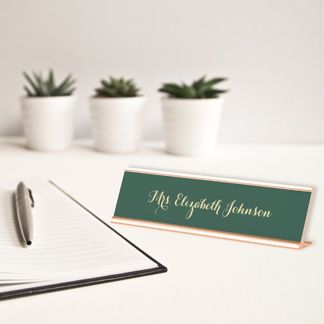 Porte-nom Pour Bureau Elégante école de script d'or Faux Enseignant (Elegant Faux Gold Script School Teacher Classroom Desk Name Plate)