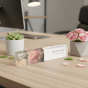 Porte-nom Pour Bureau Élégante Enseigne de Fleuriste avec Paeonie Rose