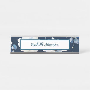 Porte-nom Pour Bureau Elégante Fleurs Bleues Bleues Bleues Rétro