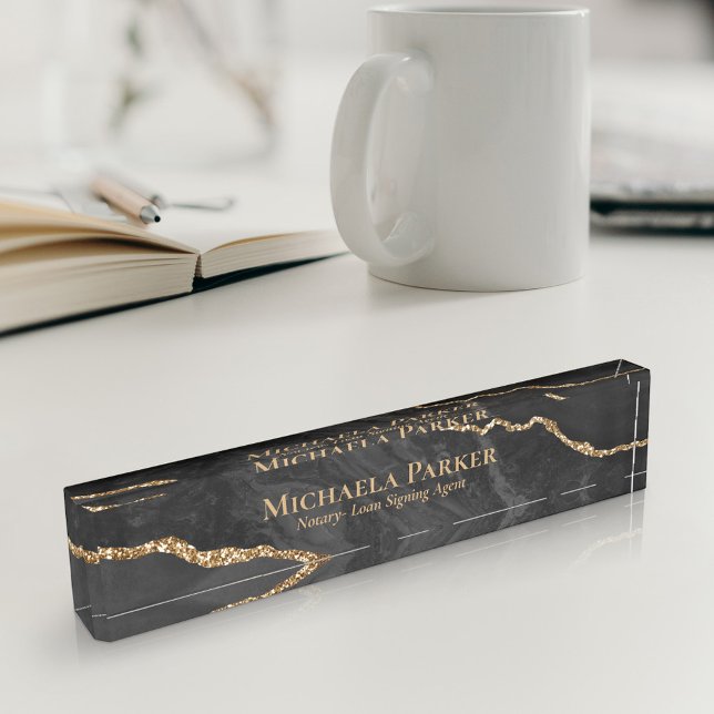 Porte-nom Pour Bureau Élégante Géode professionnelle Noir et Or Agate (Créateur téléchargé)