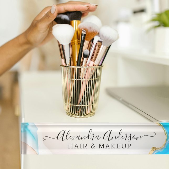 Porte-nom Pour Bureau Elégante Parties scintillant dorée marbre bleu et  (Elegant Marble Blue and White Agate Gold Glitter Desk Name Plate)