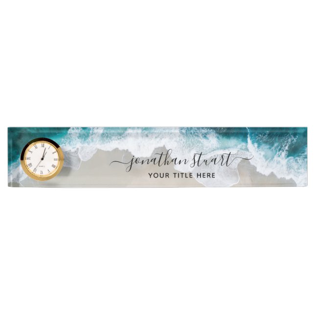 Porte-nom Pour Bureau Elégante plage Aqua Blue Green Script moderne (Devant)