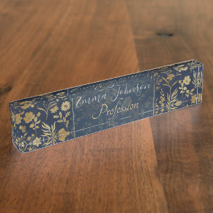 Porte-nom Pour Bureau Élégantes Fleurs d'or Bleu Botanique