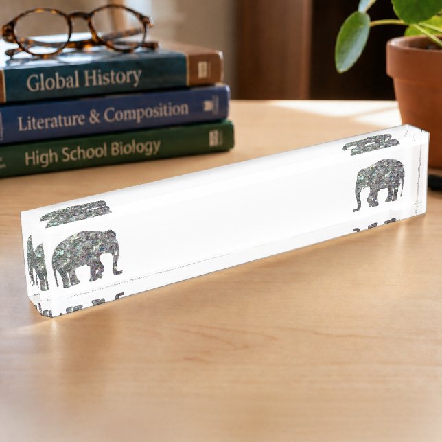 Porte-nom Pour Bureau Élément scintillant en mosaique argentée éléphant 