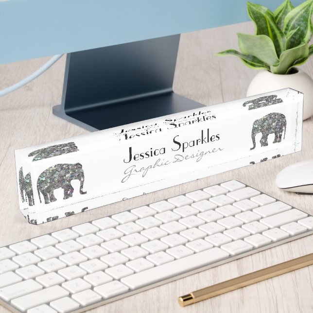 Porte-nom Pour Bureau Élément scintillant en mosaique argentée éléphant 