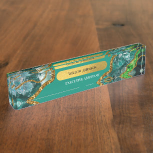 Porte-nom Pour Bureau Emerald Green & Gold Agate Parties scintillant
