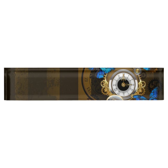 Porte-nom Pour Bureau Engrenages à vapeur et papillons bleus (Devant)