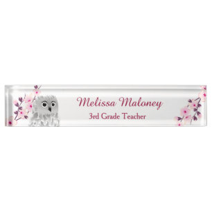 Porte-nom Pour Bureau Enseignant Blanc Rose Chouette Et Fleur De Cerisie