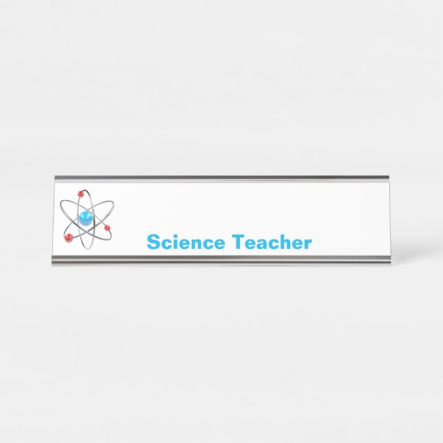 Porte-nom Pour Bureau enseignant en sciences avec atome 3D à noyau bleu (Devant)