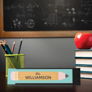 Porte-nom Pour Bureau Enseignant personnalisé au crayon d'écriture jaune