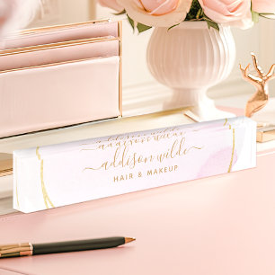 Porte-nom Pour Bureau Entreprise Cercle Or Aquarelle Rose Blush Script