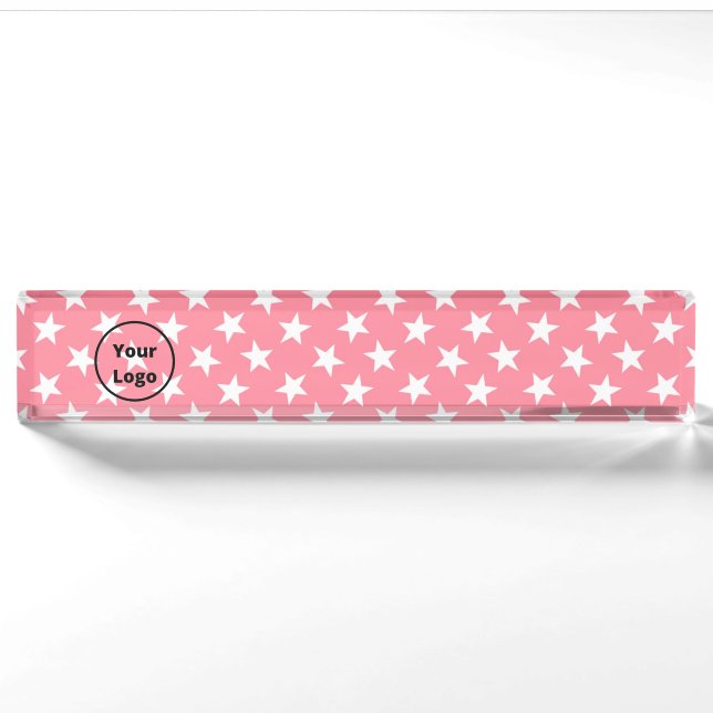 Porte-nom Pour Bureau Étoiles blanches sur fond rose (Devant)