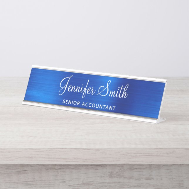 Porte-nom Pour Bureau Faux bleu royal métallisé (Devant)