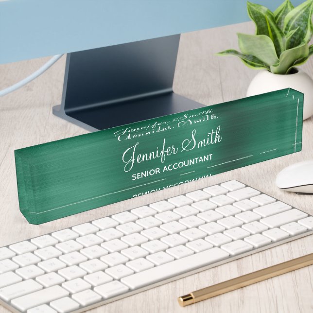Porte-nom Pour Bureau Faux Hunter Green Foil avec titre de poste