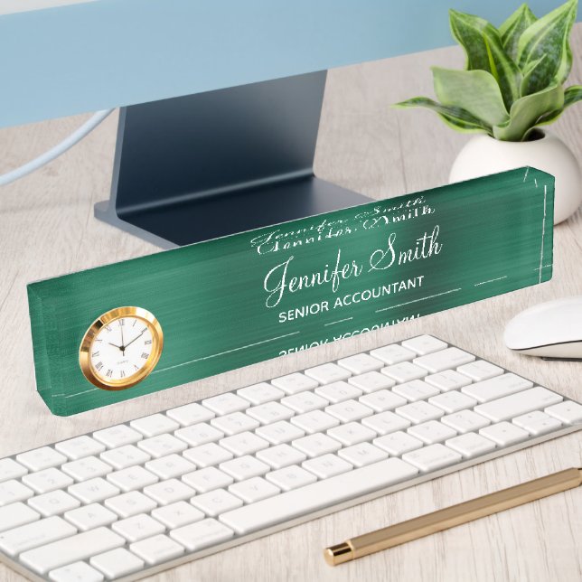 Porte-nom Pour Bureau Faux Hunter Green Foil avec titre de poste