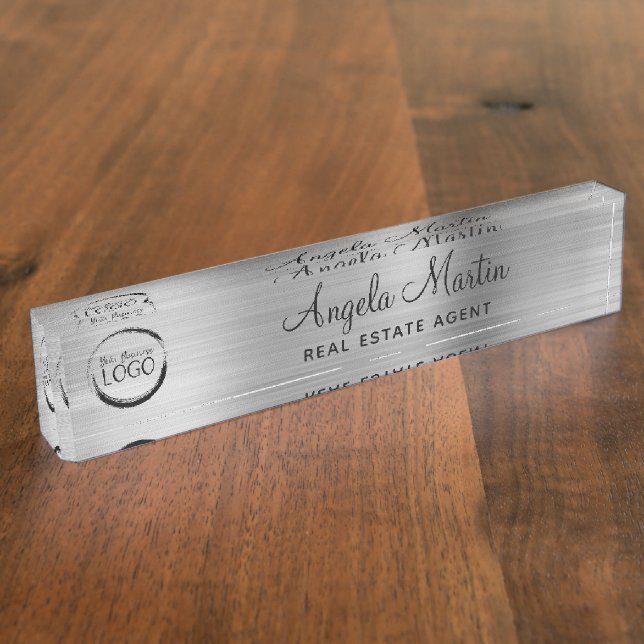 Porte-nom Pour Bureau Faux papier d'argent avec votre logo (Taille)
