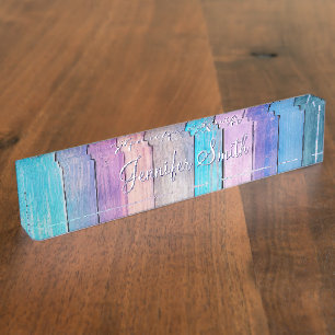 Porte-nom Pour Bureau Faux planches de bois rose sarcelle violet
