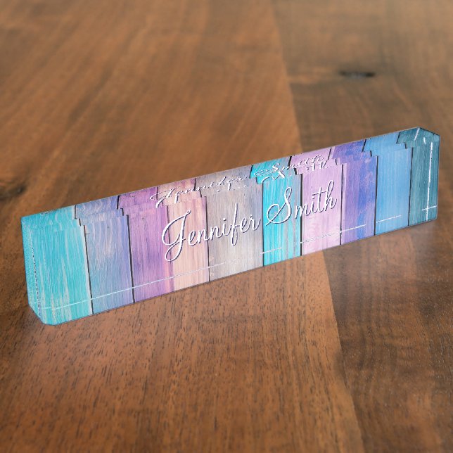 Porte-nom Pour Bureau Faux planches de bois rose sarcelle violet (Taille)