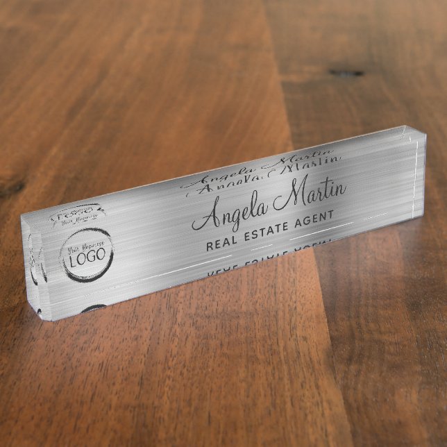 Porte-nom Pour Bureau Faux Silver Foil avec votre logo (Taille)