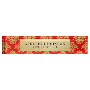 Porte-nom Pour Bureau Feuille d'or rouge de Faux de motif de damassé
