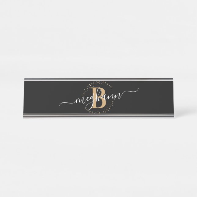 Porte-nom Pour Bureau Fille Elegant Noir Nom Monogramme Script (Devant)