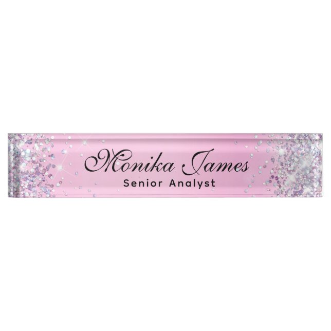Porte-nom Pour Bureau Fille Glitterie Holographique Faux Rose clair Pers (Devant)