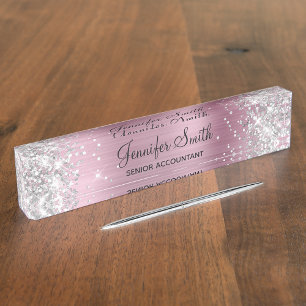Porte-nom Pour Bureau Fille Glittery Argent Faux Clair Pink Foil