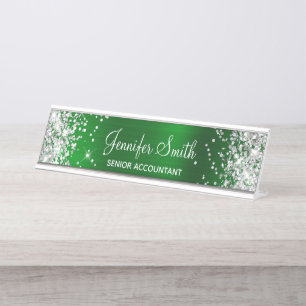 Porte-nom Pour Bureau Fille Glittery Argent Faux Emerald Green Foil