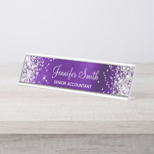 Porte-nom Pour Bureau Fille Glittery Argent Faux Indigo Purple Foil
