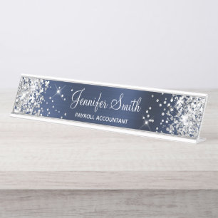 Porte-nom Pour Bureau Fille Glittery Argent Faux Marine Blue Foil