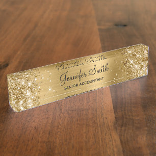 Porte-nom Pour Bureau Fille Glittery Gold Faux Foil