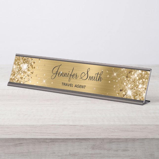 Porte-nom Pour Bureau Fille Glittery Gold Foil (Devant)