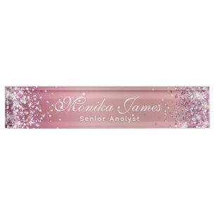 Porte-nom Pour Bureau Fille Glittery Holographique Faux Rose Gold Custom