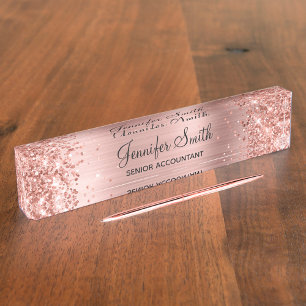 Porte-nom Pour Bureau Fille Glittery Rose Gold Faux Foil