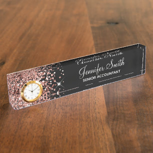 Porte-nom Pour Bureau Fille Glittery Rose Gold Glam noir
