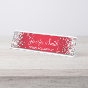 Porte-nom Pour Bureau Fille Parties scintillant argent brillant rouge dé